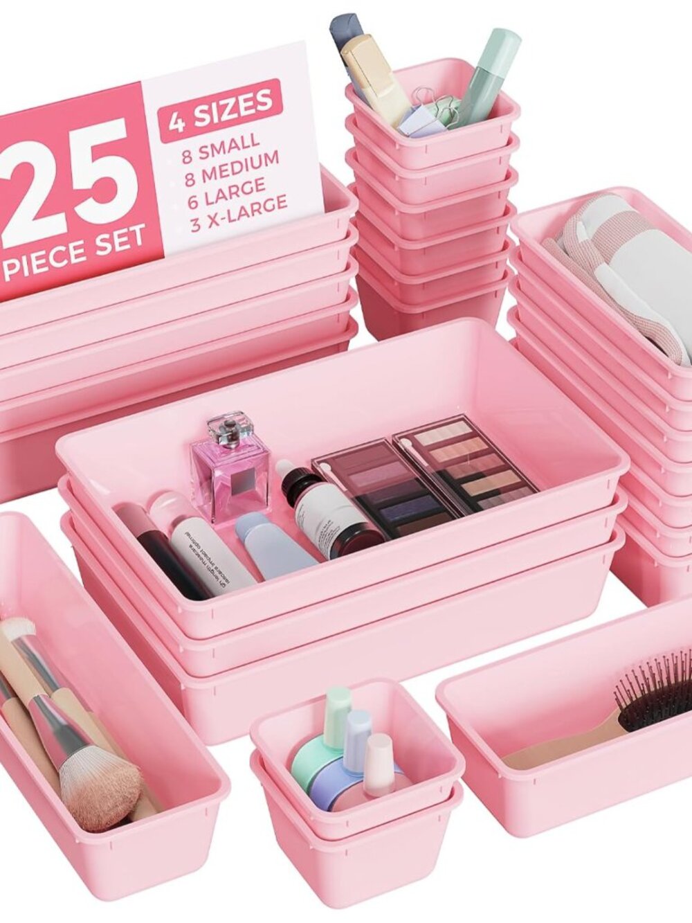 25 PCS Plastic Drawer Organizers Set, 4-Sizes Vanity and Makeup Organizer, Desk